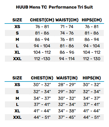 2025 HUUB Mens TC Performance Tri Suit 0 Größentabelle